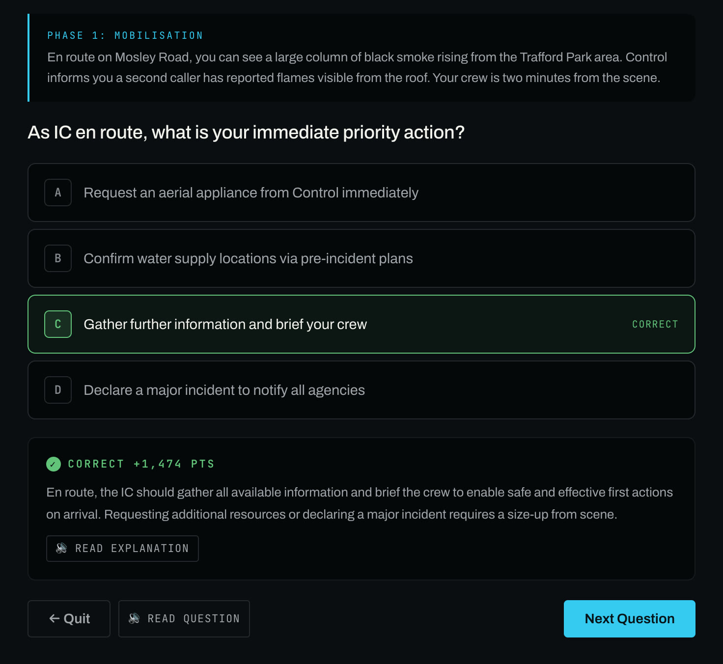 CommandGrid Quiz in solo practice: a warehouse fire, phase one, mobilisation. The question asks for the incident commander's immediate priority en route; the chosen answer, gather further information and brief your crew, is marked correct and followed by an explanation.