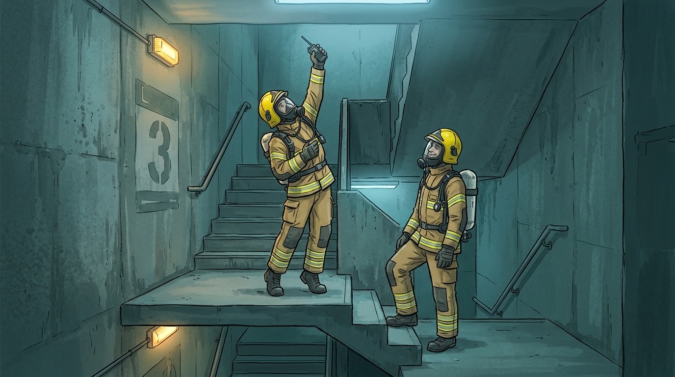 Cartoon of two UK firefighters in gold kit and yellow helmets on a concrete stairwell. One, in breathing apparatus, leans back with a radio held as high as it will go; the other watches from the step below, grinning.