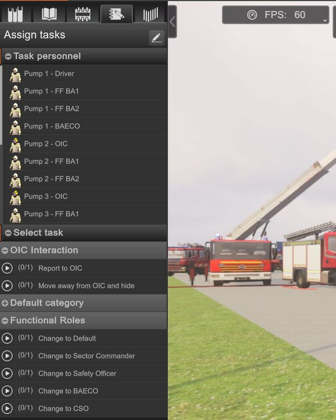 The XVR OnScene "Assign tasks" panel showing task personnel and selectable tasks including OIC Interaction and Functional Roles such as Change to Sector Commander and Change to BAECO