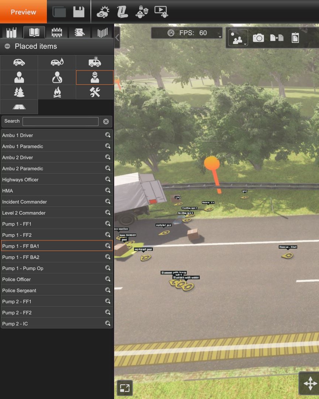 The XVR OnScene "Placed items" panel, listing named personnel including Ambu 1 Driver, Highways Officer, Incident Commander and Pump 1 - FF BA1 alongside the 3D scene