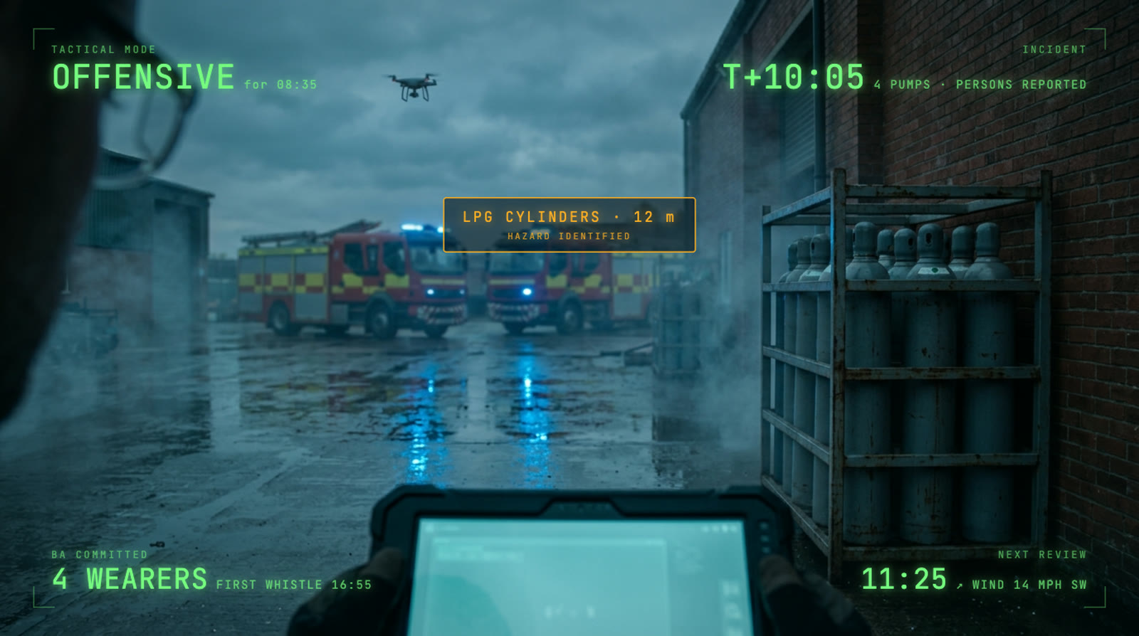 The commander's view through the display glasses: a green head-up display showing tactical mode OFFENSIVE for 8 minutes 35, incident time T plus 10:05, four pumps and persons reported, four breathing apparatus wearers with a first whistle due at 16:55, the next tactical review in 11:25, and wind 14 miles per hour south-westerly, with an amber alert reading LPG cylinders at 12 metres. The centre of the view is left clear.