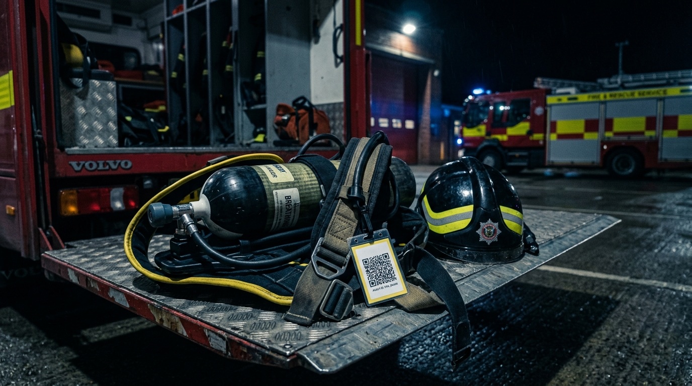 A breathing apparatus set and helmet on a fire appliance tailboard at night, with a QR code tag clipped to the strap