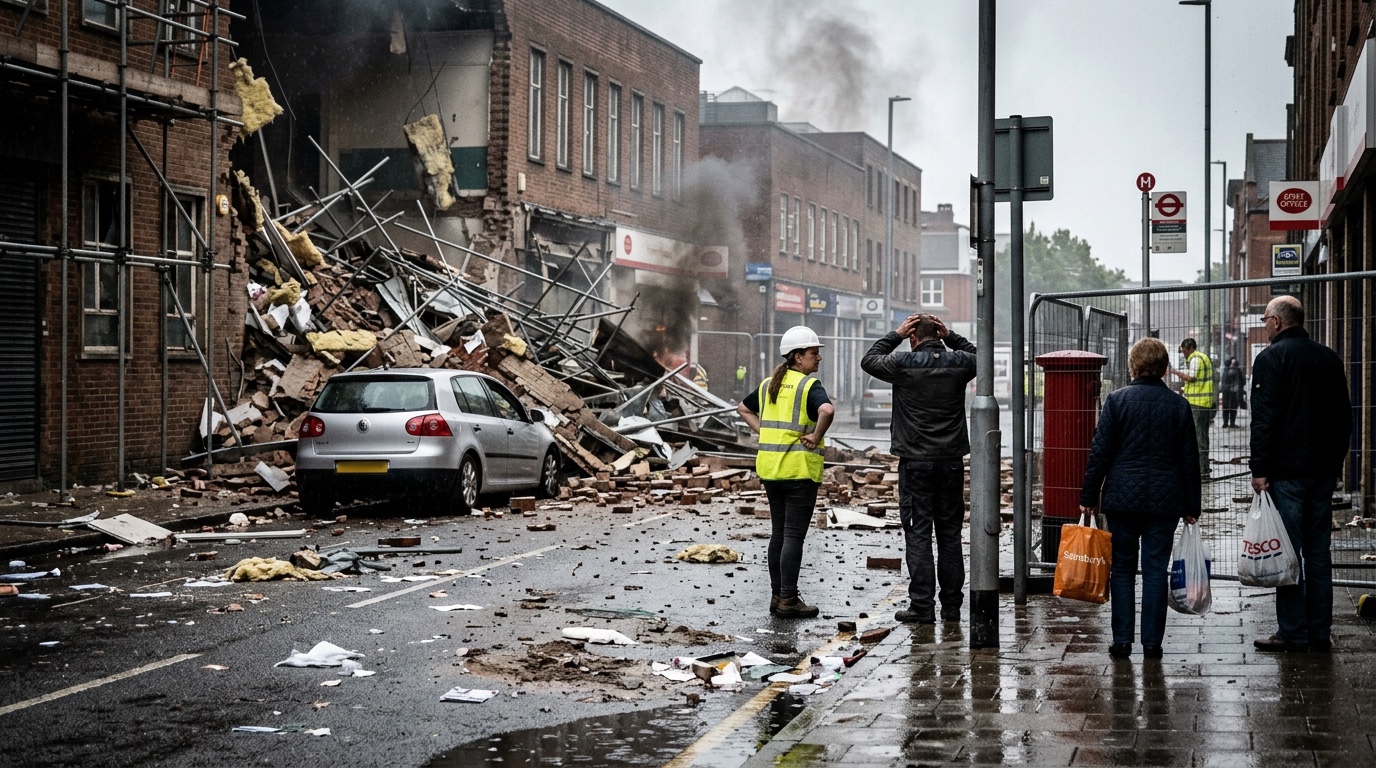 HazardGrid AI-generated scene of a partially collapsed brick building with debris burying a car and a firefighter assessing the cordon, for hazard identification training