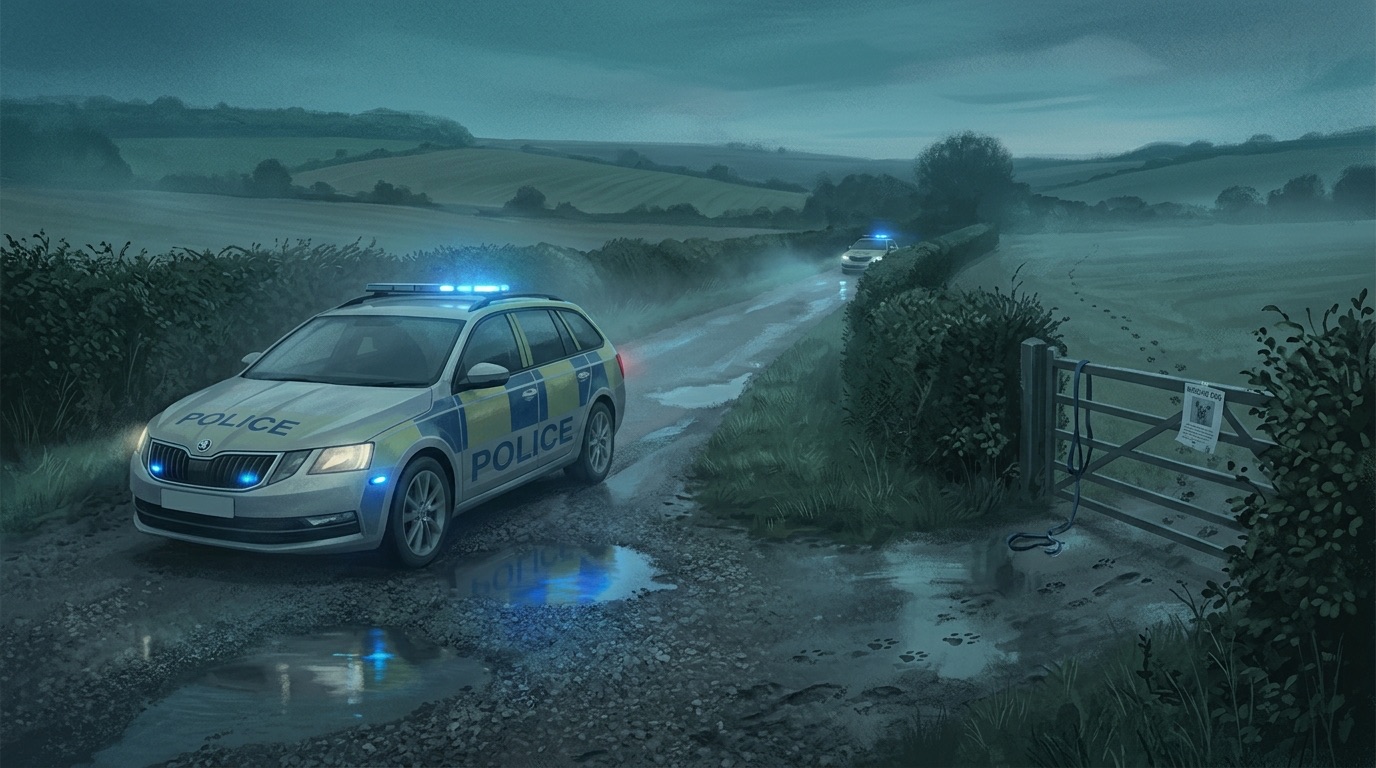 A marked UK police car with blue lights attending an incident on a rural lane at dusk