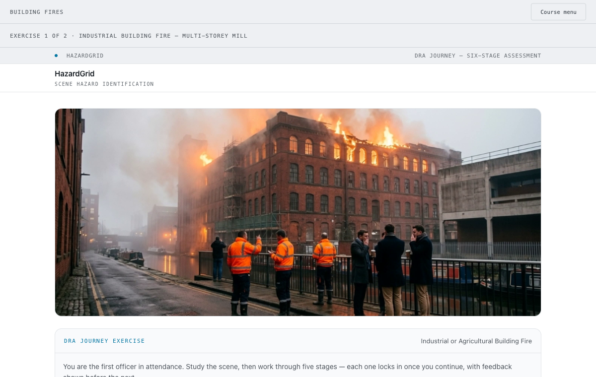 A hazard assessment exercise running inside the pack, showing an industrial building fire scene and the six-stage DRA Journey.
