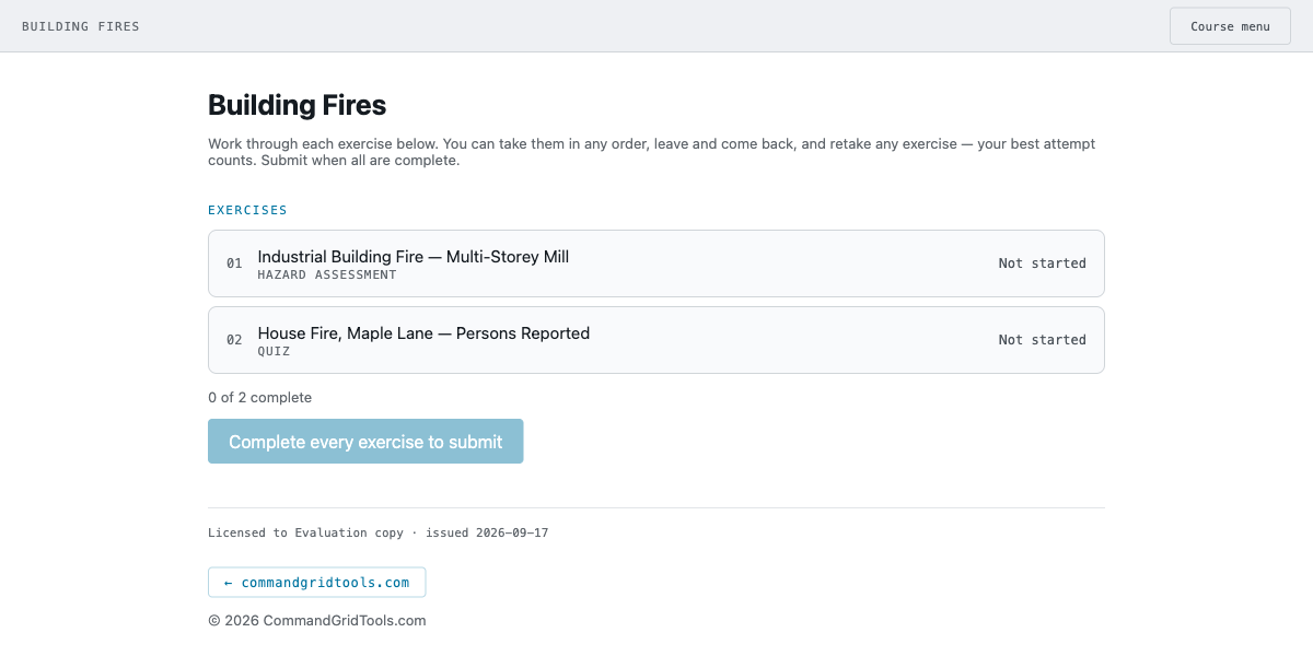 The course menu of a Building Fires pack, listing a hazard assessment and a quiz, with the submit button disabled until both are complete.