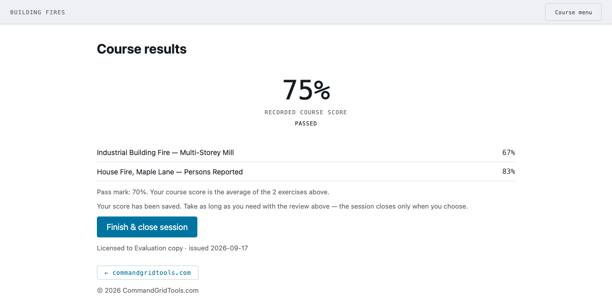 The course results screen showing a recorded score of 75 per cent, a pass badge, and the per-exercise breakdown of 67 and 83 per cent.