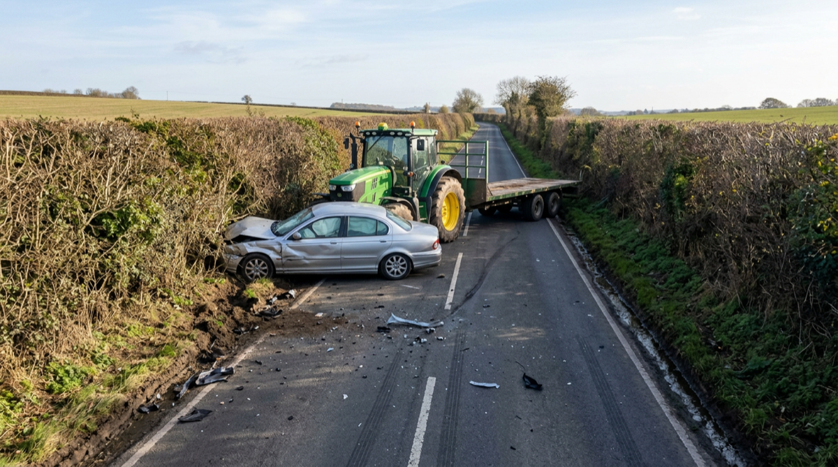 WatchBrief AI-generated road traffic collision scene — car and tractor trailer on a rural road — used for watch-room incident command training