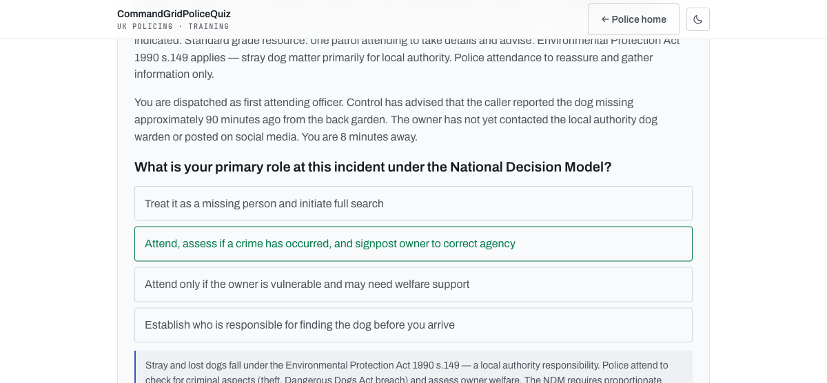 Feedback screen showing the correct answer highlighted and an explanation
