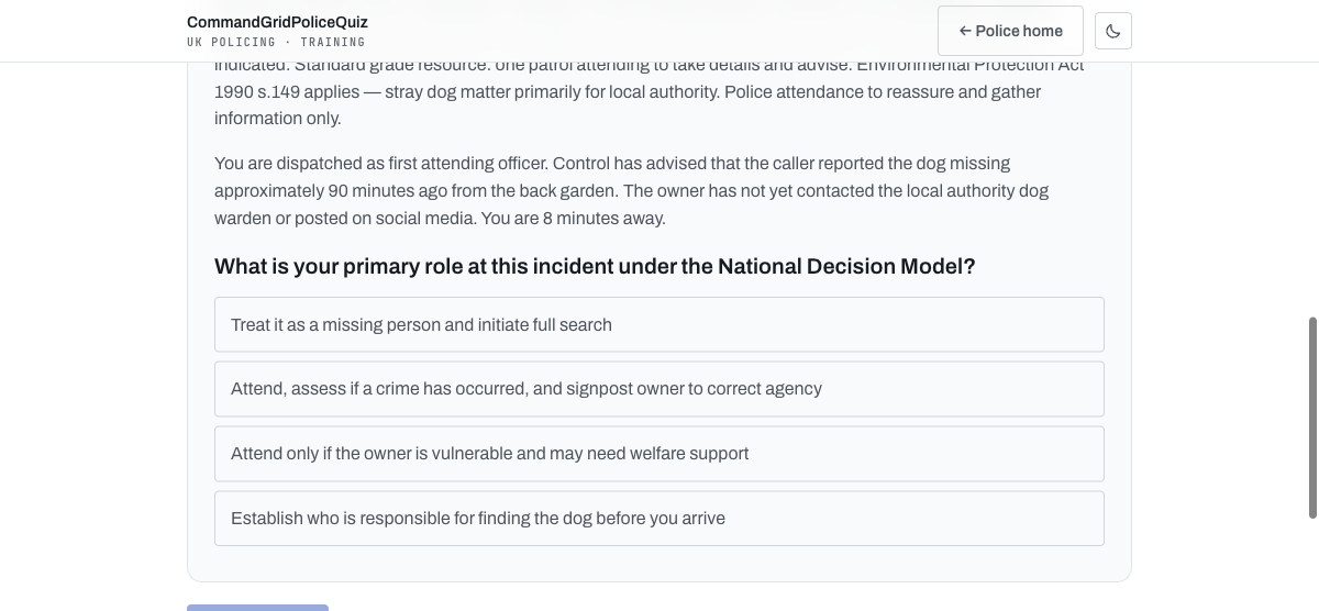 A policing scenario question with multiple-choice options