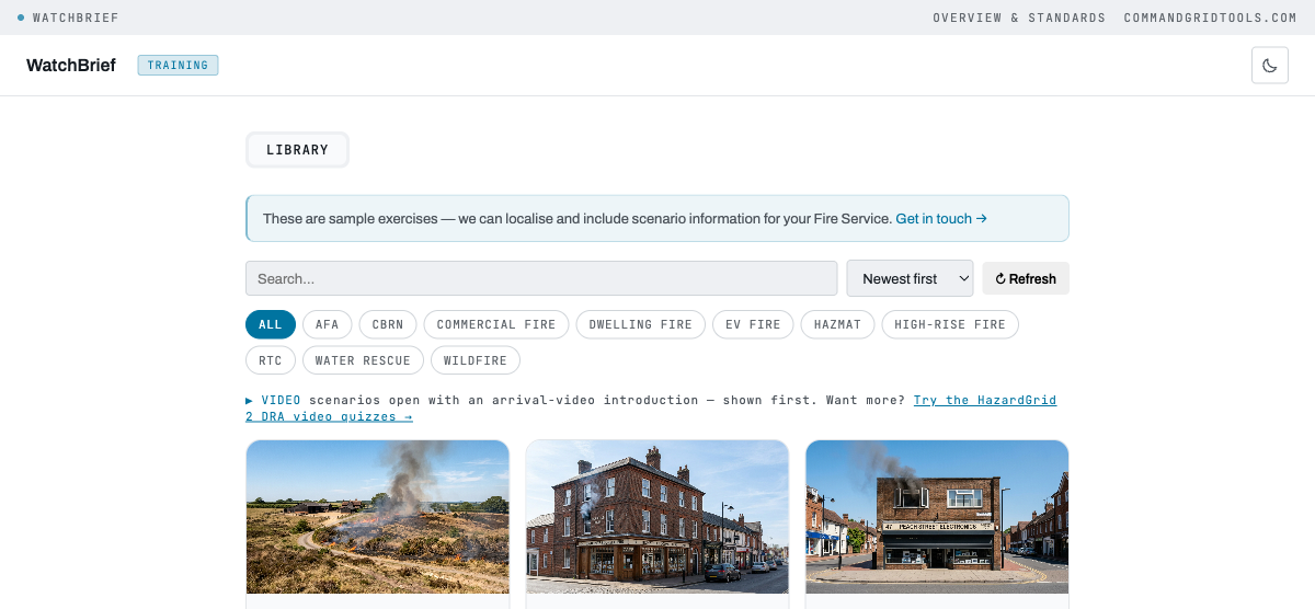 WatchBrief library screen with search, filters and scenario cards